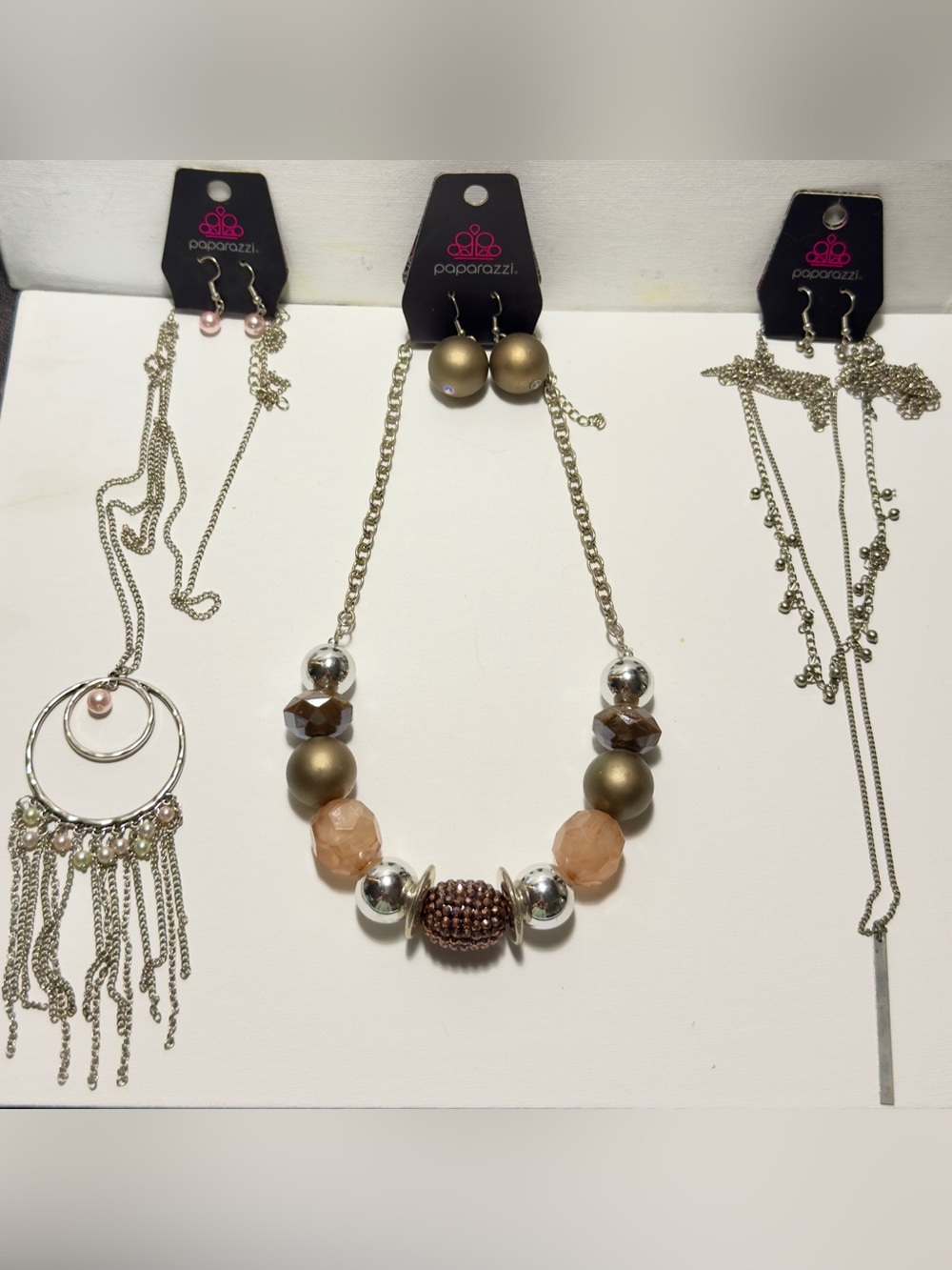 paparazzi peach brown & gold bead statement necklaces w/matching earrings NWT